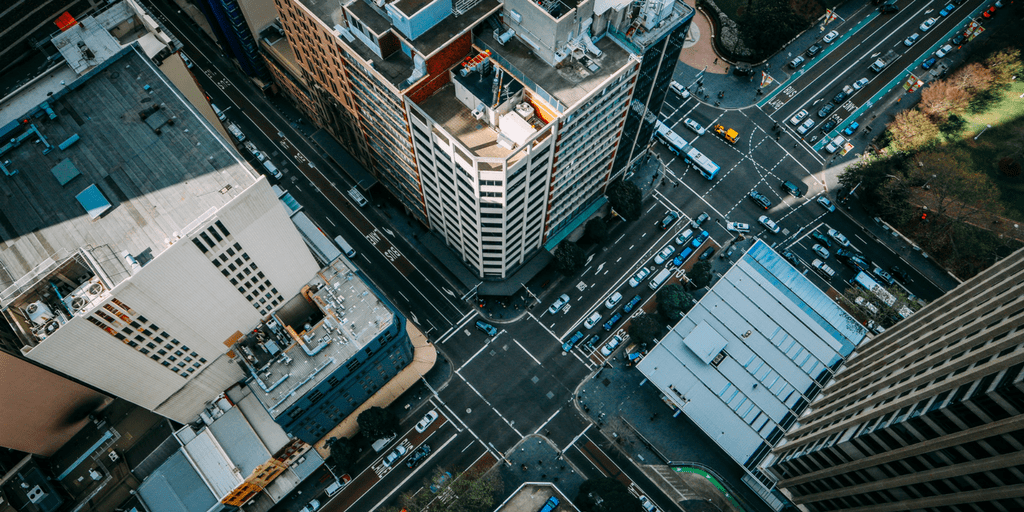Aerial view of downtown city streets and office buildings