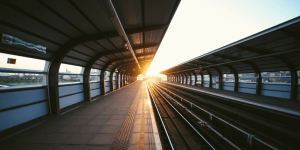 train station with sunset in the background