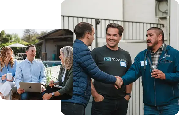 Accountix team members shaking hands and collaborating with clients on financial strategy.