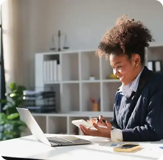 Smiling professional calculating predictable cash flow benefits from accounts receivable management.