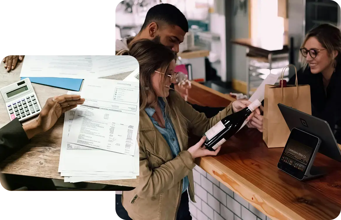 Customer paying at a counter and a professional reviewing invoices for accounts receivable management.