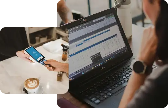 A customer making a digital payment next to an accountant managing transaction data on a laptop.