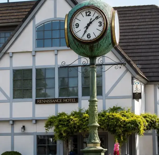 A street clock by a Solvang hotel, symbolizing the strategic vision provided by our Fractional CFOs.