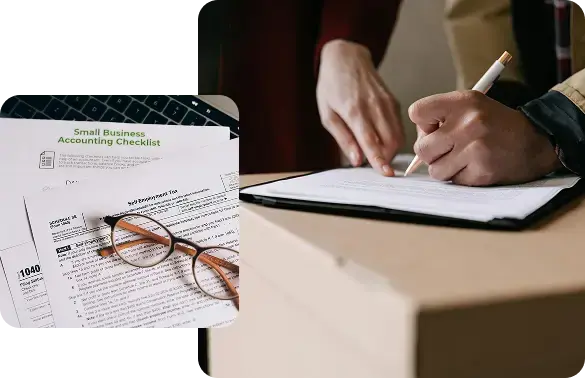 Signing an approval document and reviewing a small business accounting checklist for strong internal controls.