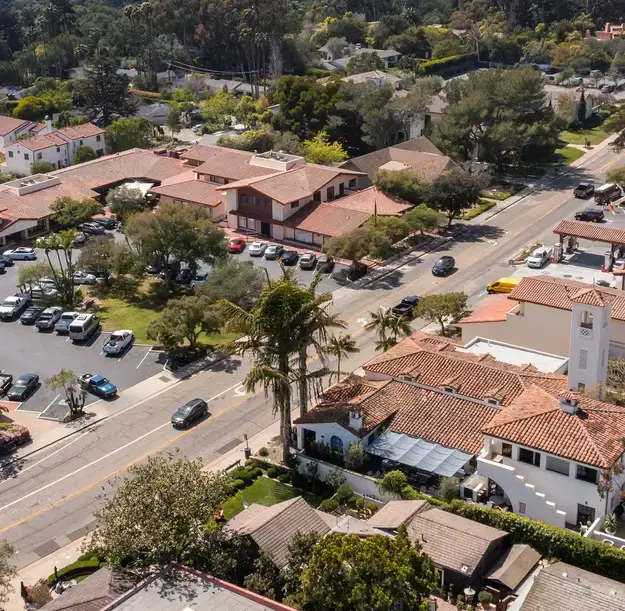 Aerial view of downtown Montecito, representing the local businesses supported by Accountix's accounting services.