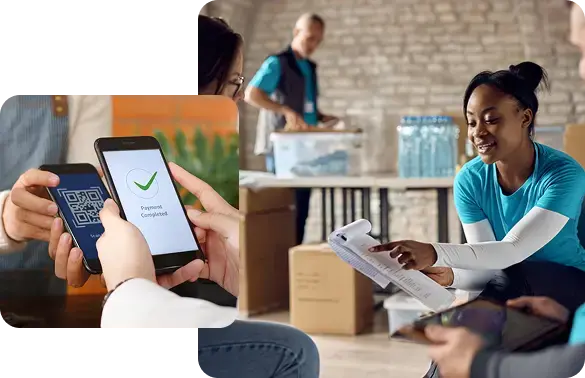 Nonprofit bookkeeping team managing digital payments and tracking grant inventory.