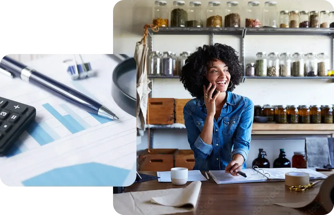 Small business owner discussing profitability analysis and margins next to financial charts and a calculator.