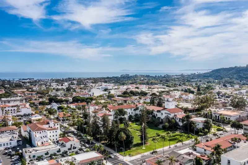 Aerial view of downtown Santa Barbara and the Santa Barbara County Courthouse